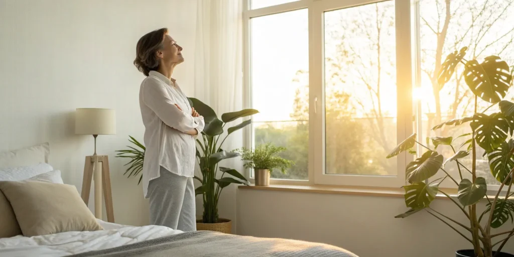 A woman feeling relaxed after finding the best online hormone replacement therapy for women.