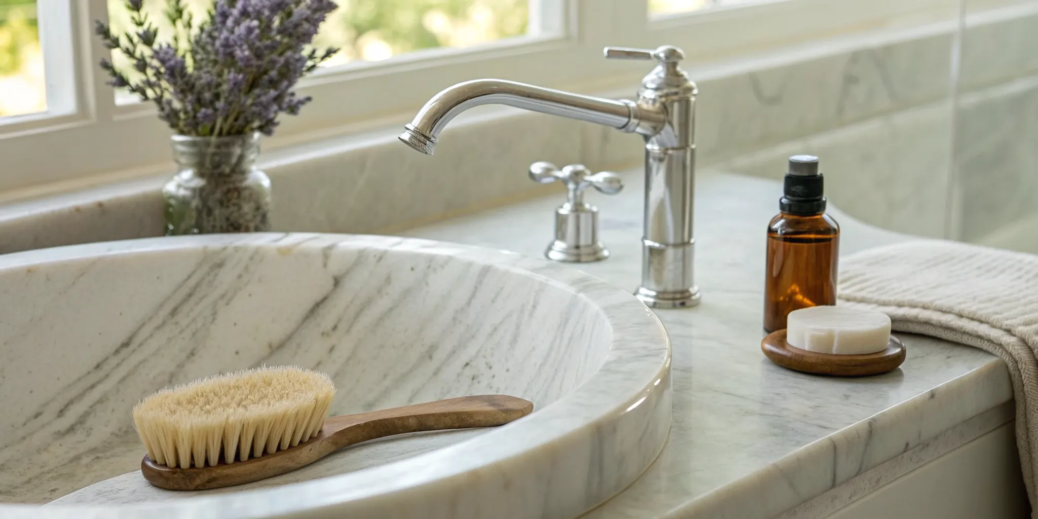 A natural bristle brush and oil used for a scalp health routine to encourage hair growth.