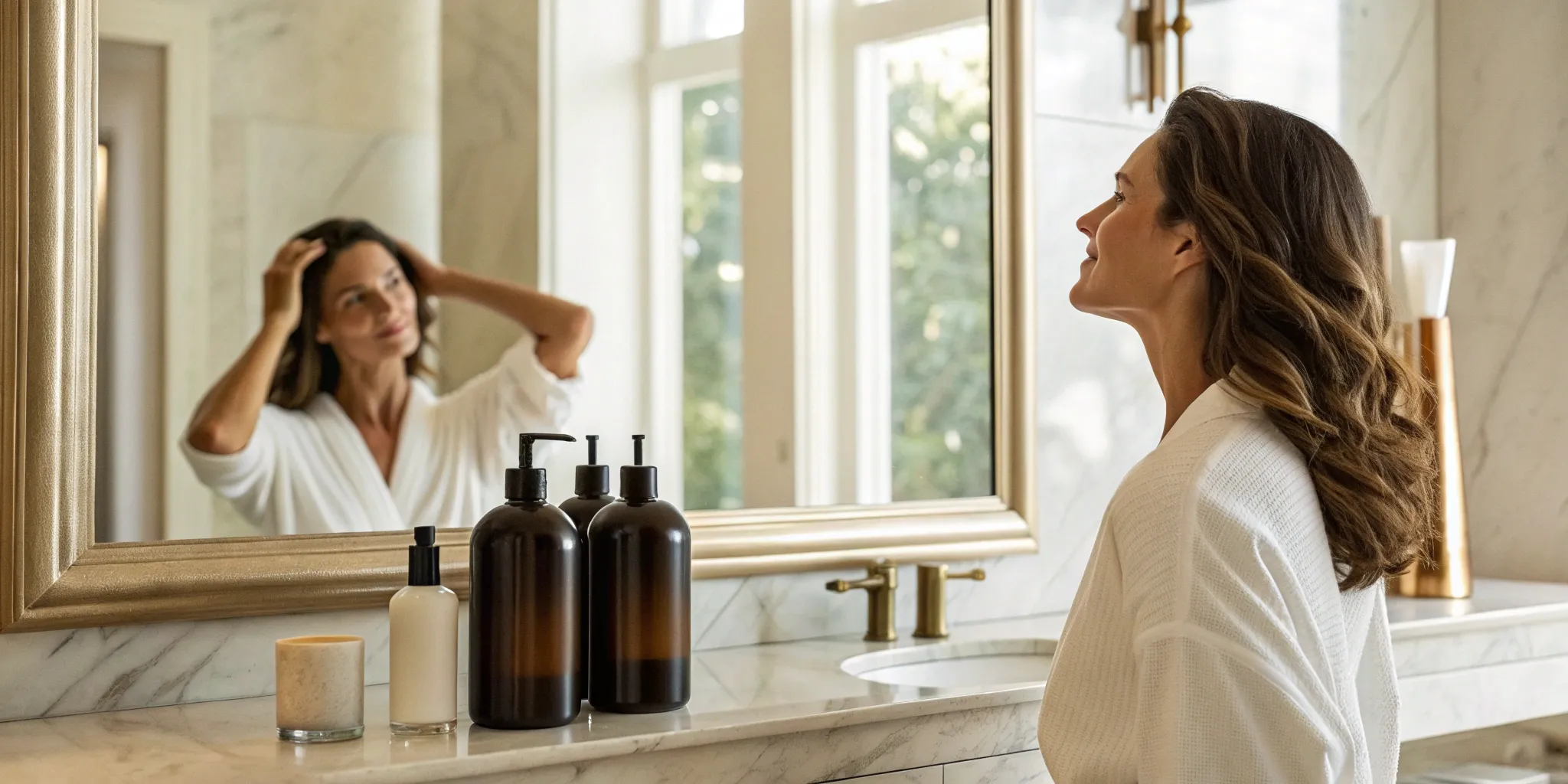 Woman in a mirror concerned about hair loss, a common symptom of alopecia areata.