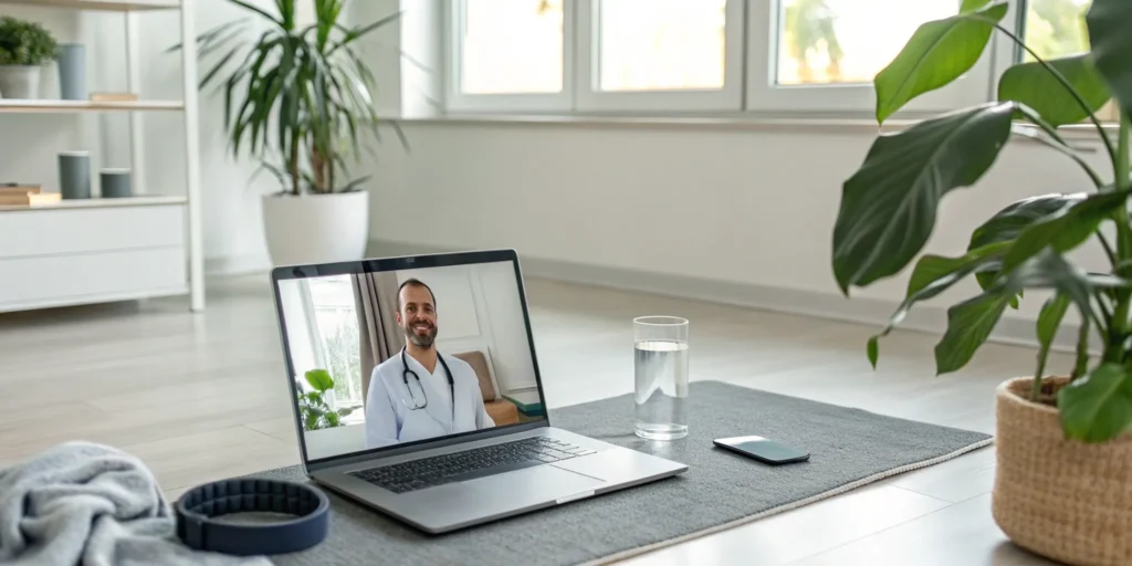 Man discussing testosterone replacement therapy with a doctor during a telehealth consultation on a laptop.