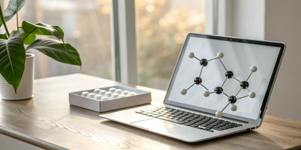 A box of oral TRT medication sits beside a laptop for an online TRT consultation.