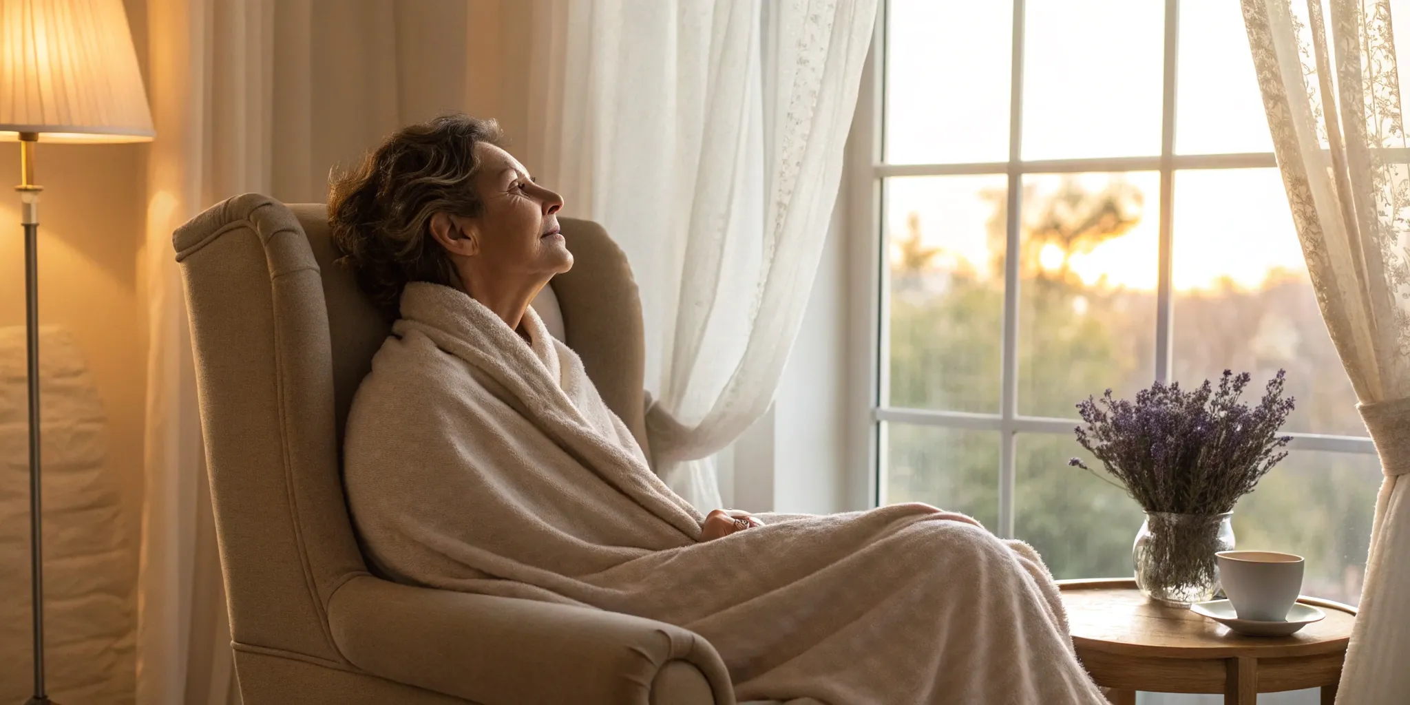 A woman finds relief from perimenopause hot flashes while relaxing by a window.