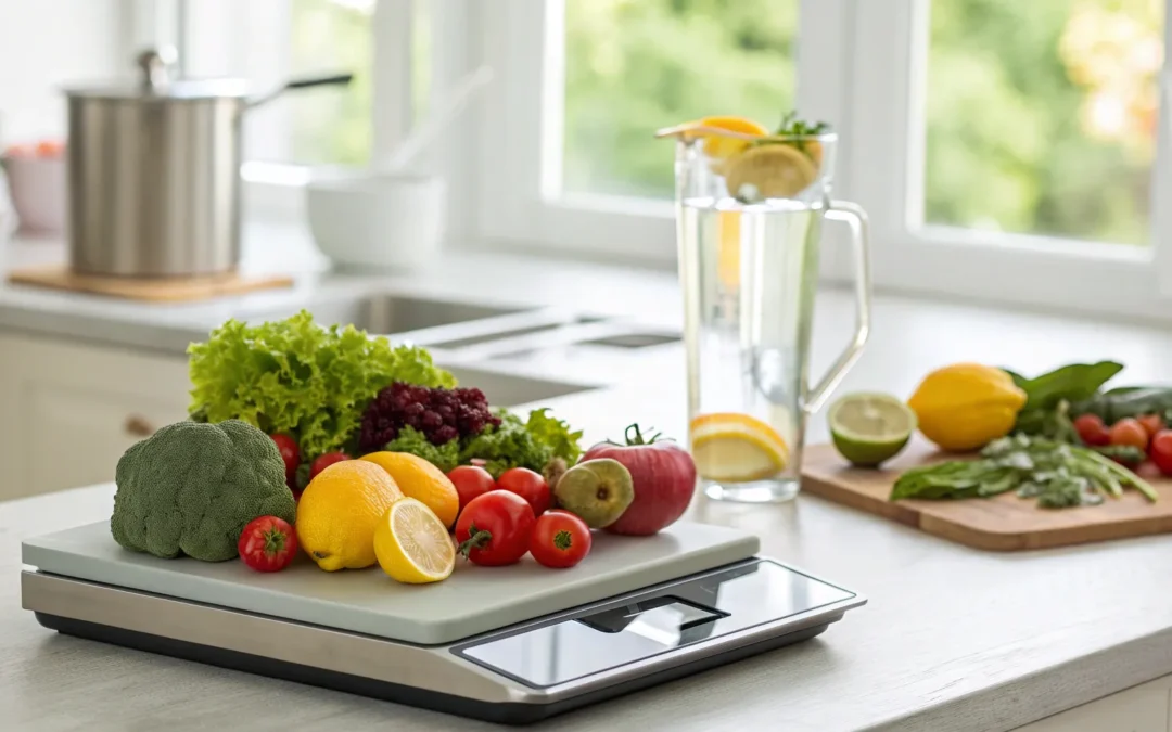 Weighing fresh produce on a kitchen scale to track macros for lasting fat loss.