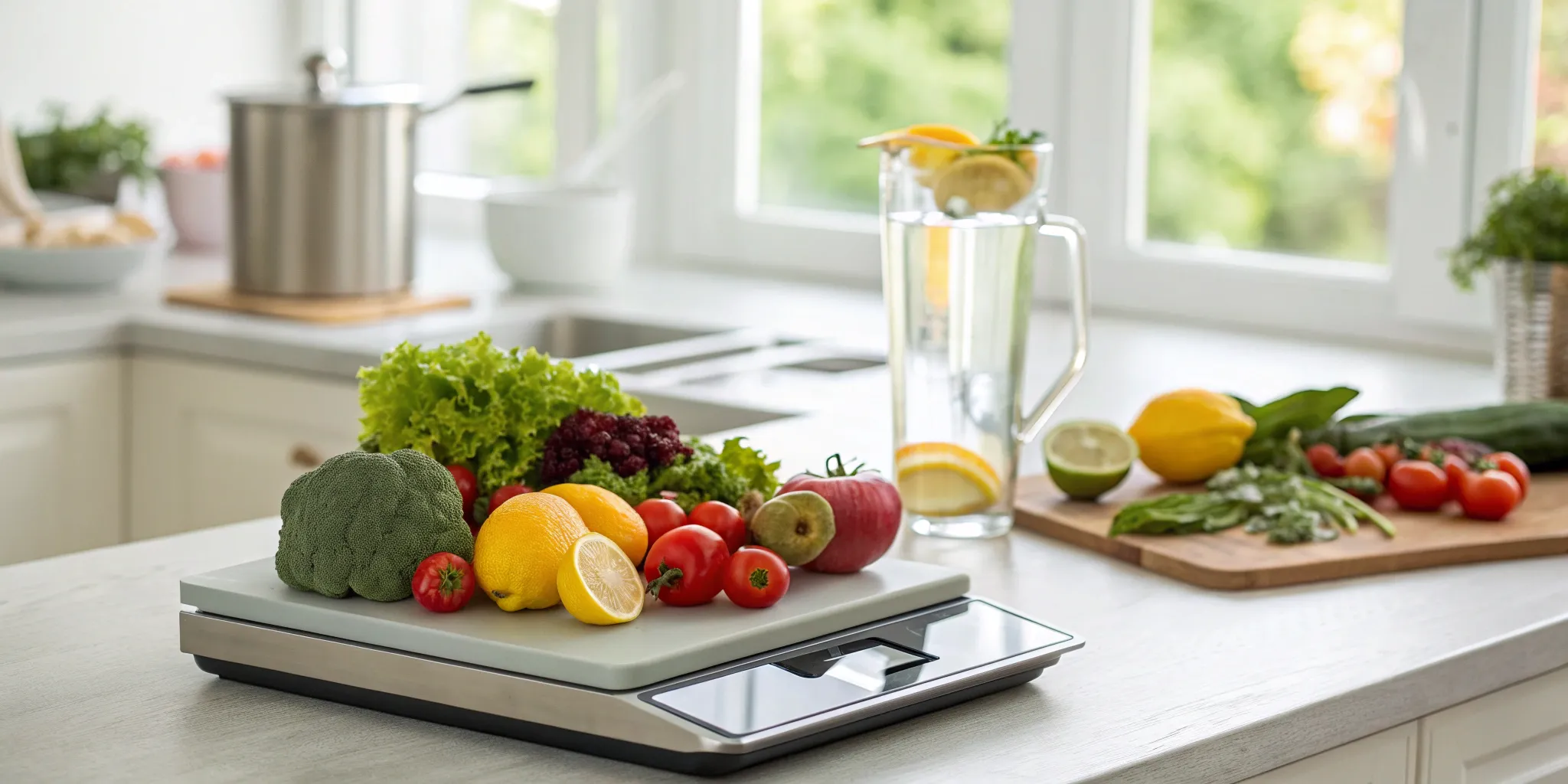 Weighing fresh produce on a kitchen scale to track macros for lasting fat loss.