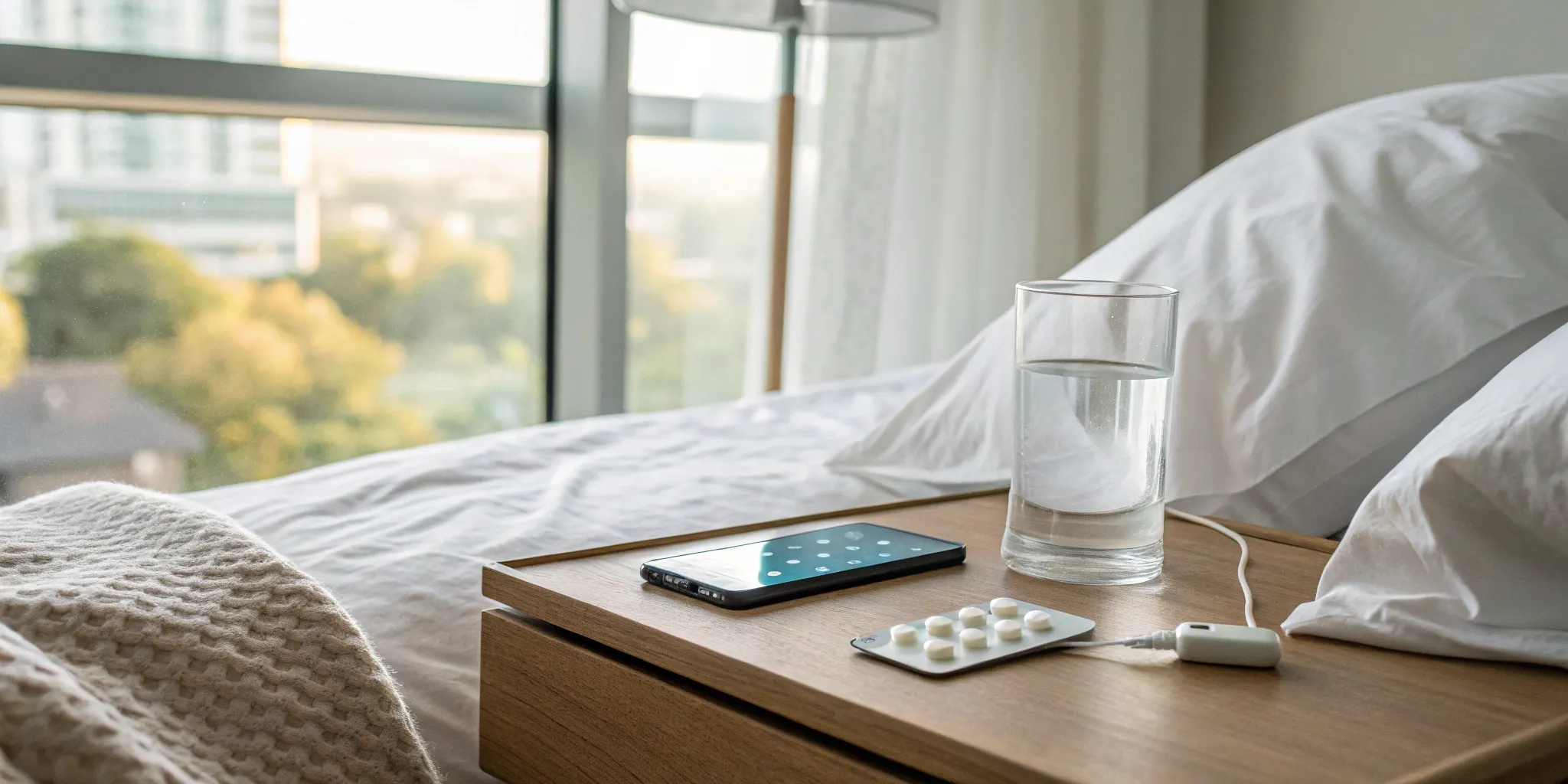 Medication and a smartphone on a nightstand for an online TRT and HCG treatment plan.