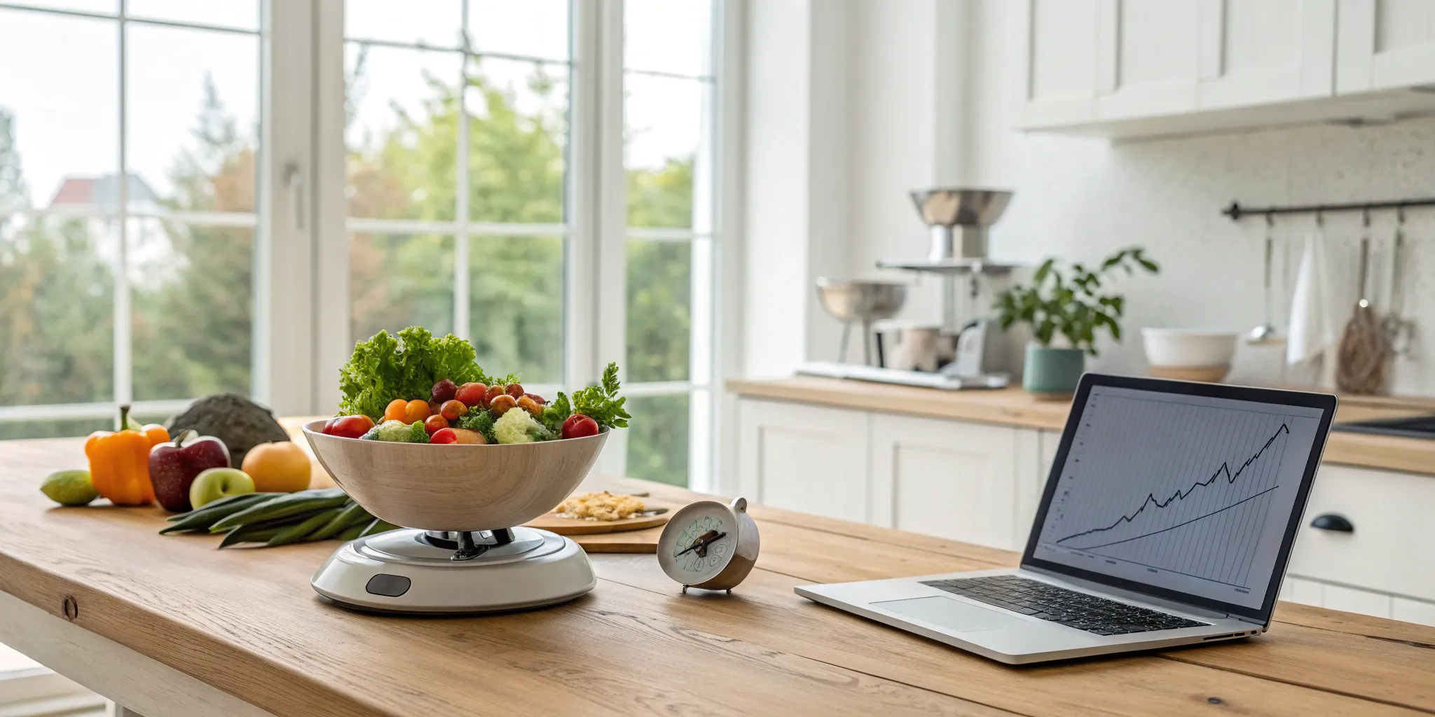 A kitchen scale with fresh vegetables next to a laptop tracking a personalized weight loss program.