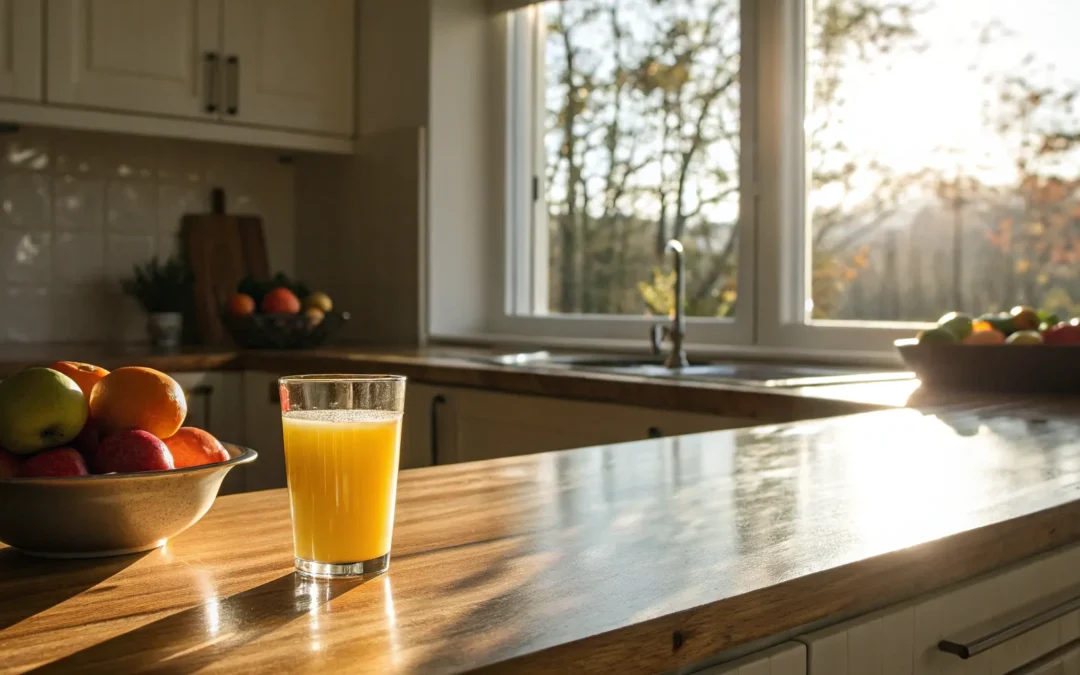 A bowl of fruit and glass of juice, part of a diet for managing blood sugar.