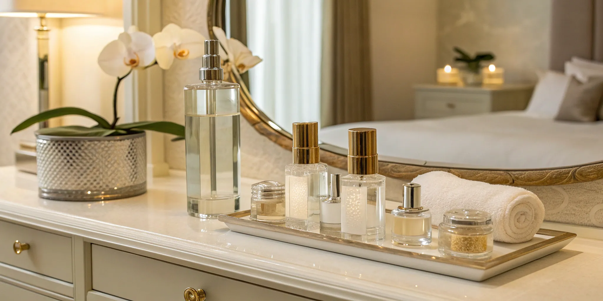 Anti-aging skincare products arranged on a vanity for a daily routine.