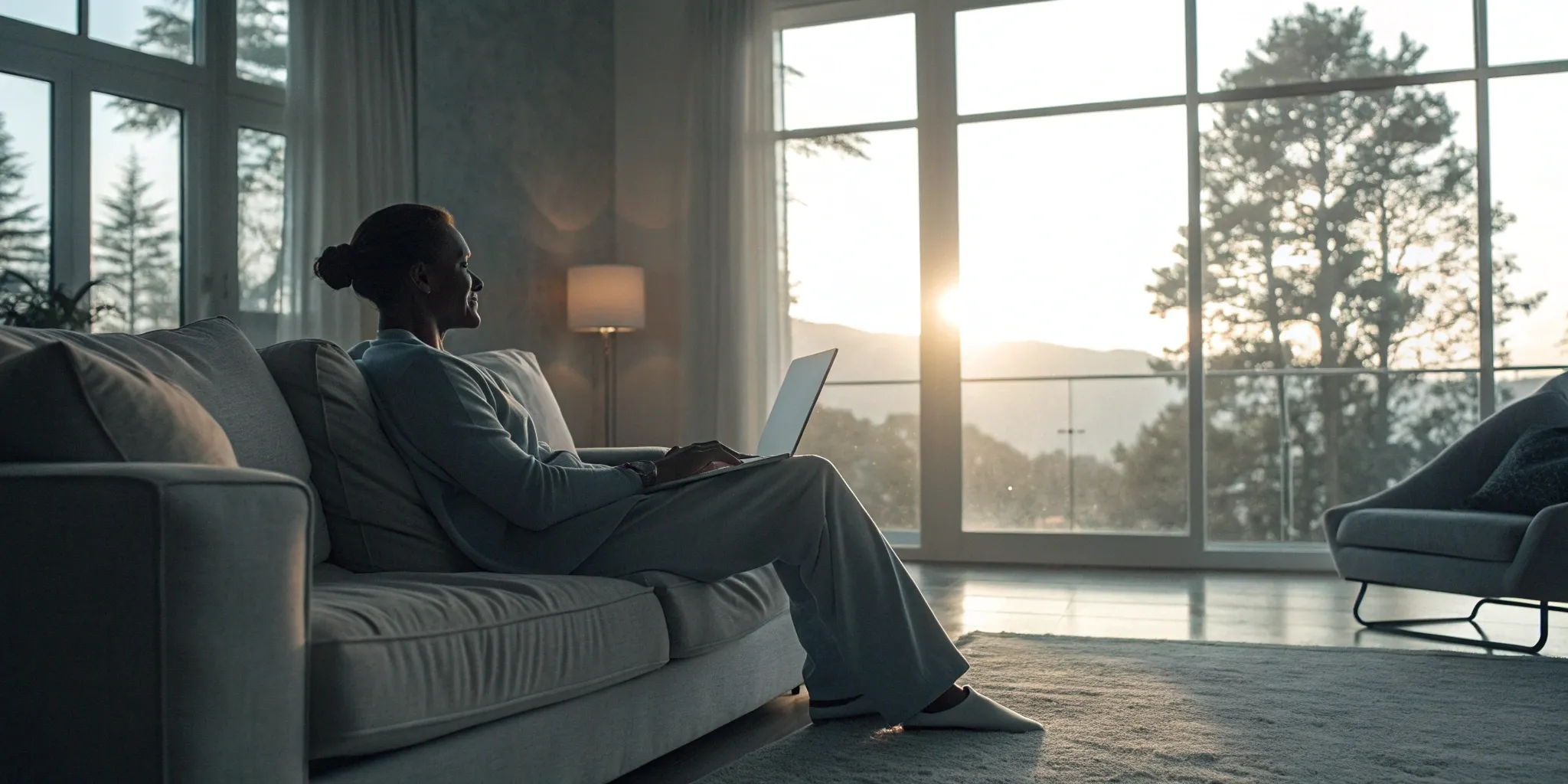 Woman on a couch using a laptop for her medical weight loss telehealth program.