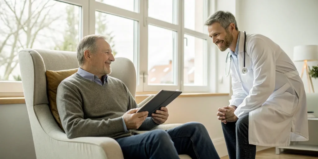 A man and his doctor reviewing the best online testosterone therapy plans.