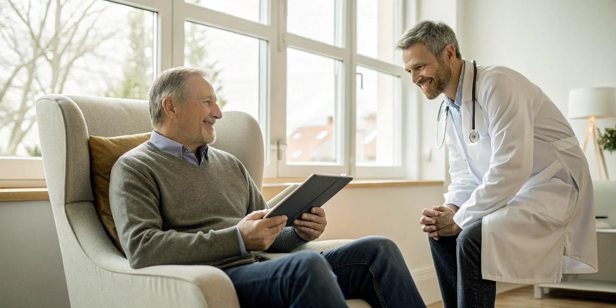 A man and his doctor reviewing the best online testosterone therapy plans.