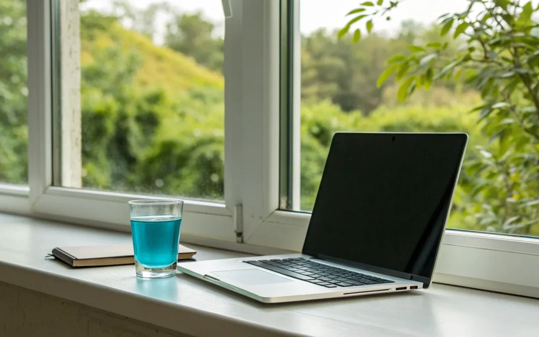 A glass of Methylene Blue on a desk, taken for its cognitive benefits.