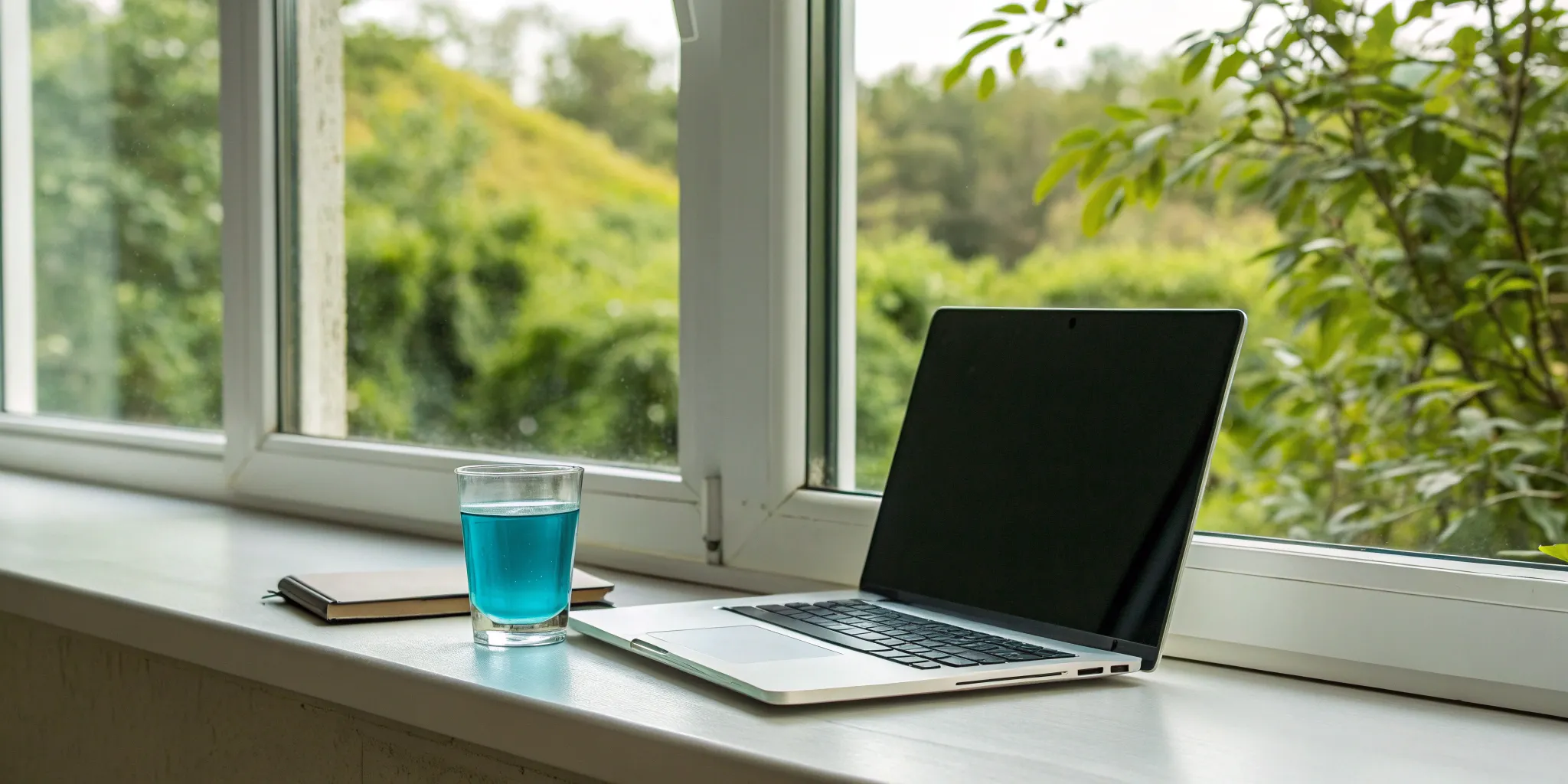 A glass of Methylene Blue on a desk, taken for its cognitive benefits.