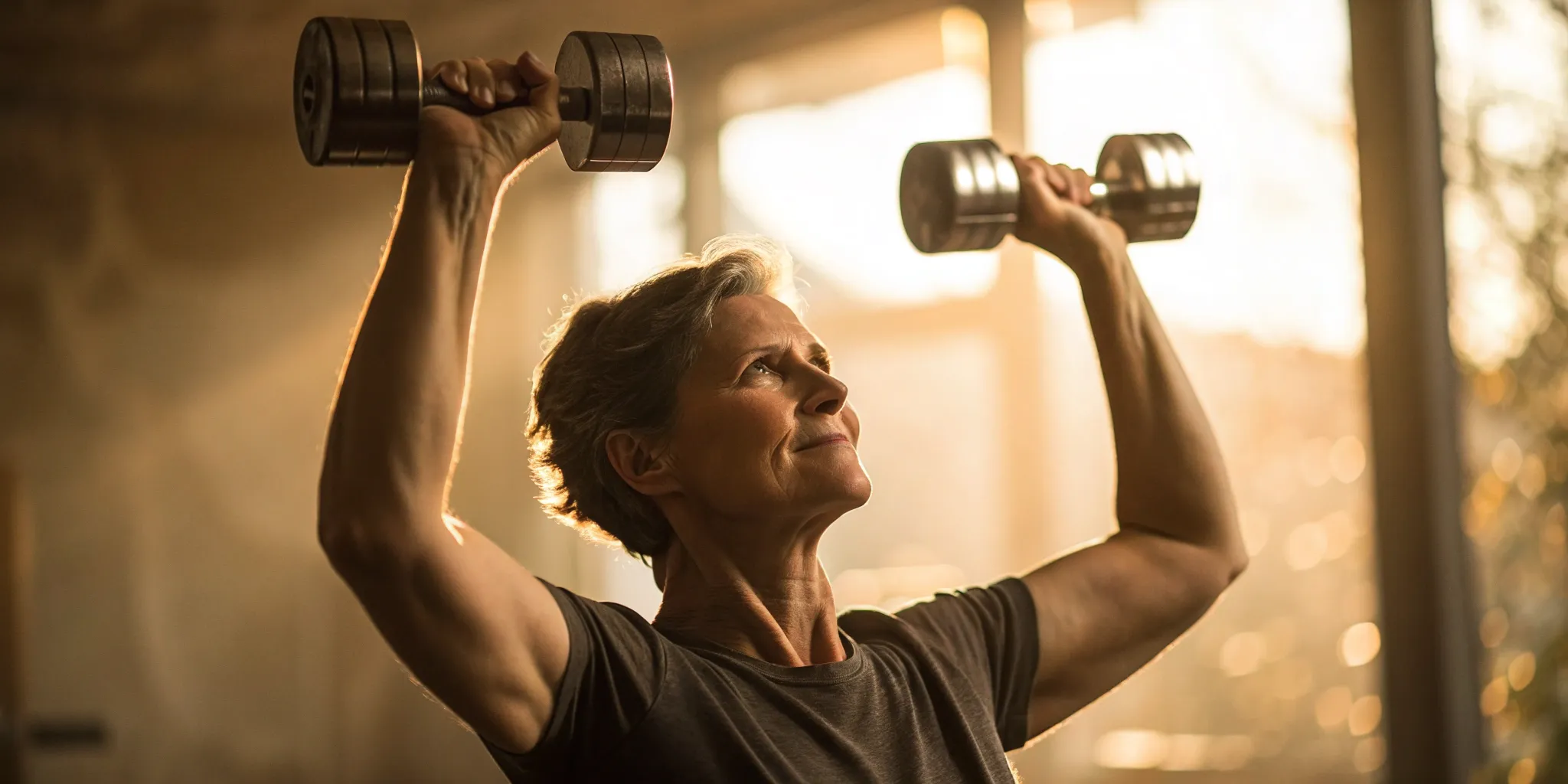 An older man lifting dumbbells, regaining strength as a benefit of testosterone replacement therapy.
