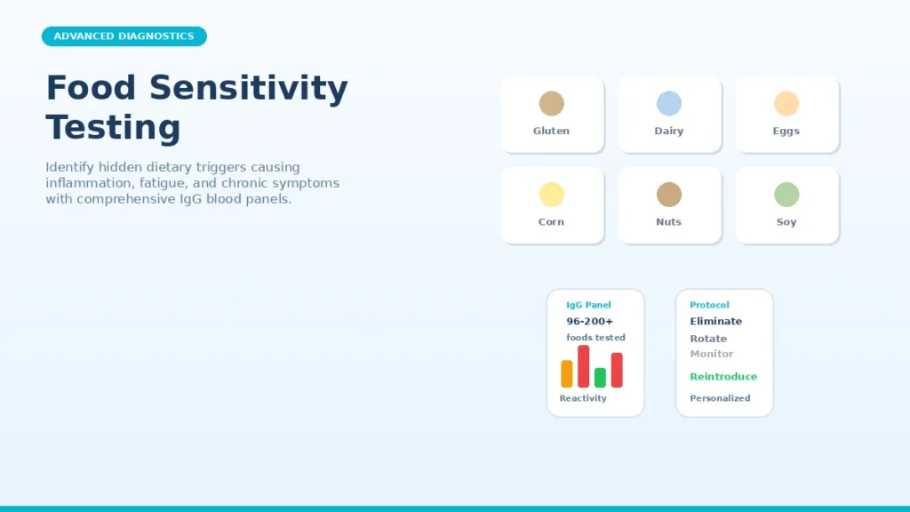 Food sensitivity testing guide showing common trigger foods and IgG panel testing process