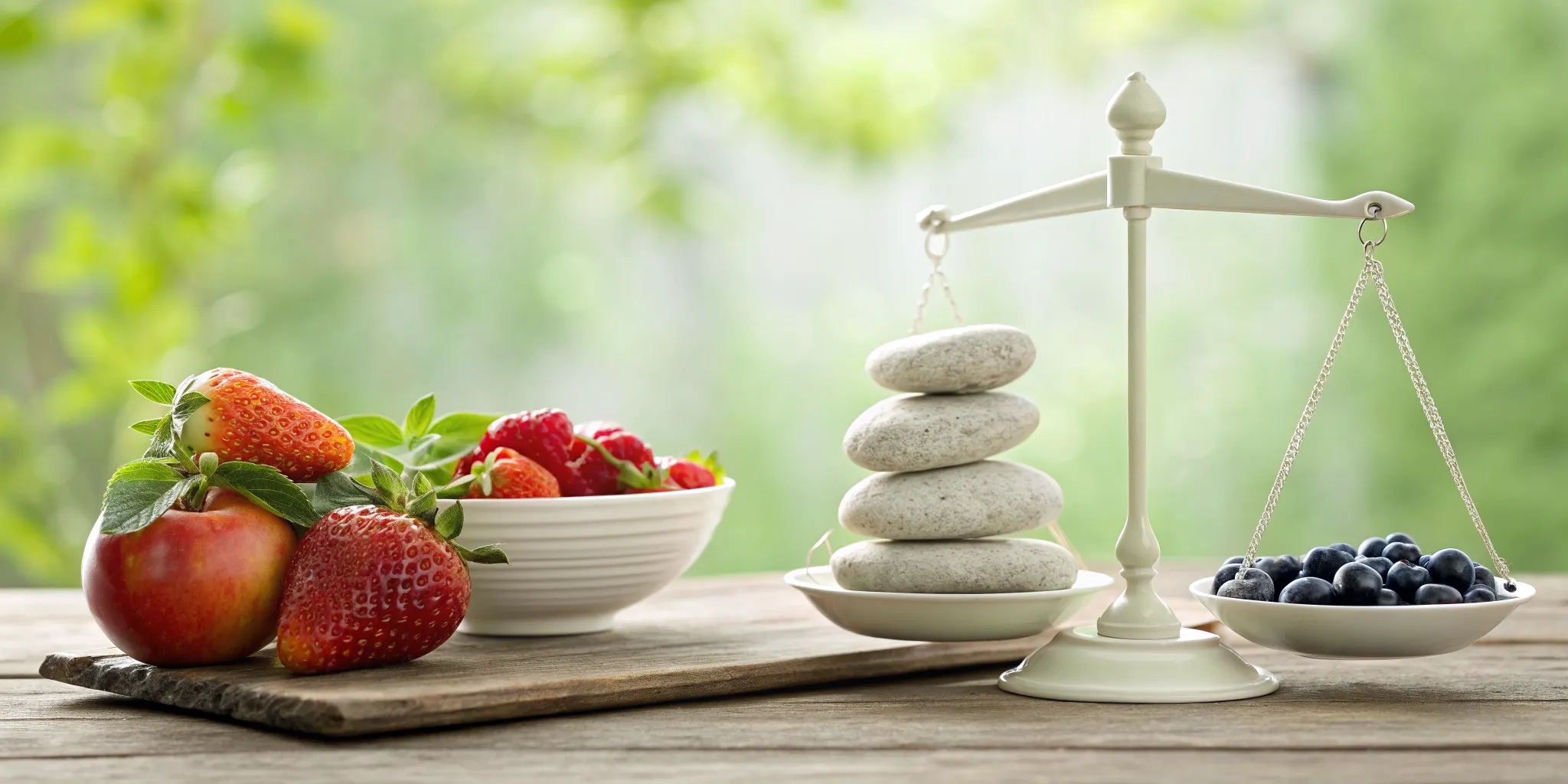 A balance scale with fruit, for balancing hormonally driven mood and energy through diet.