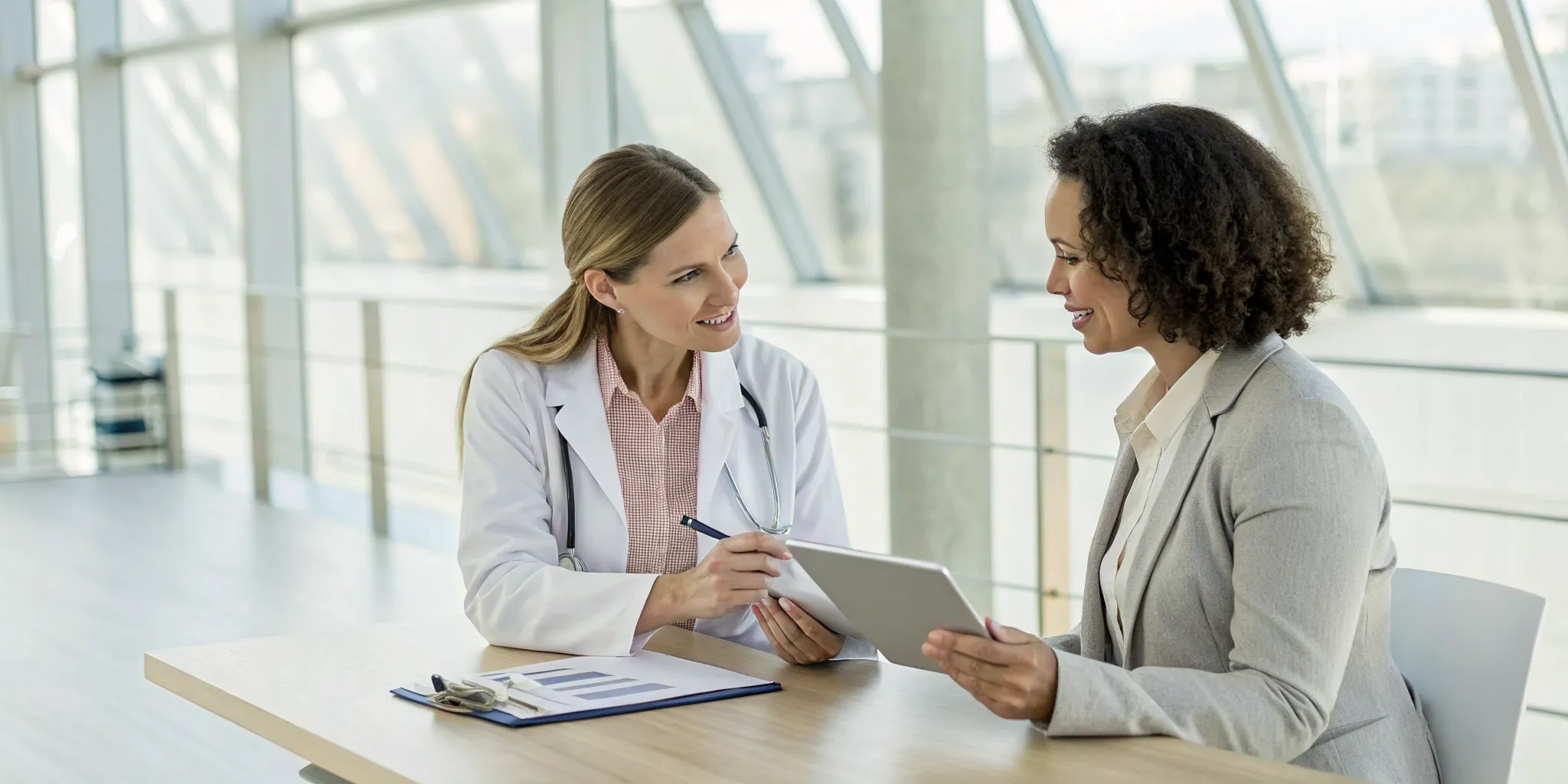 A woman discussing her personalized bioidentical hormone therapy plan with a doctor at a clinic.
