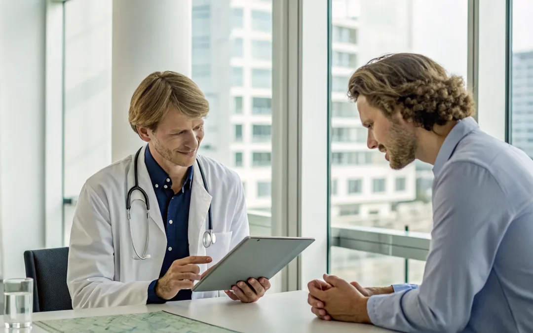 A patient discusses HRT and TRT options with a doctor at a clinic near me.