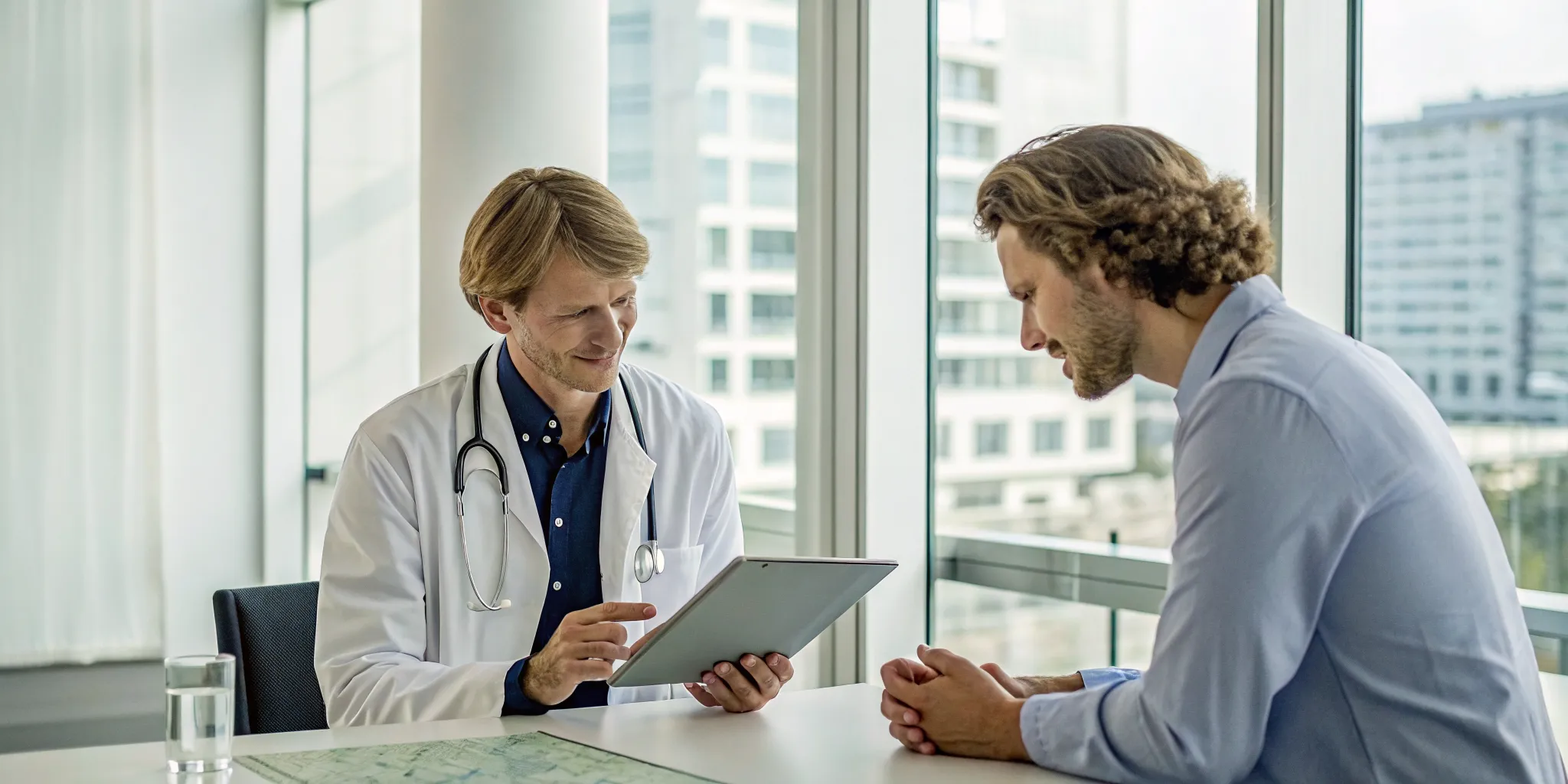 A patient discusses HRT and TRT options with a doctor at a clinic near me.