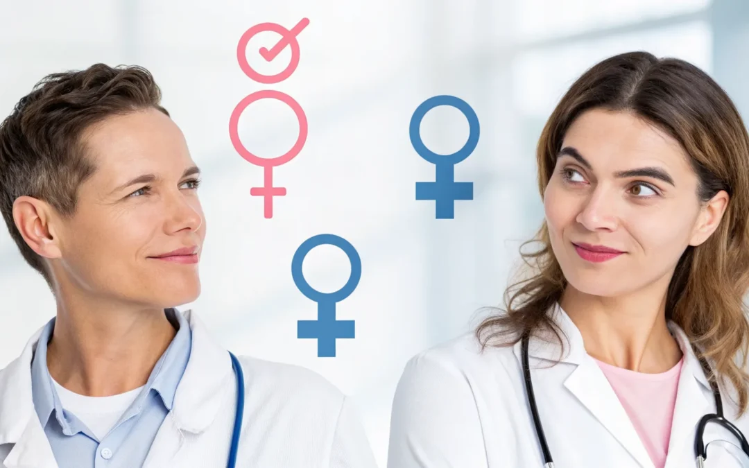 Two female doctors comparing the difference between HRT and TRT for women.