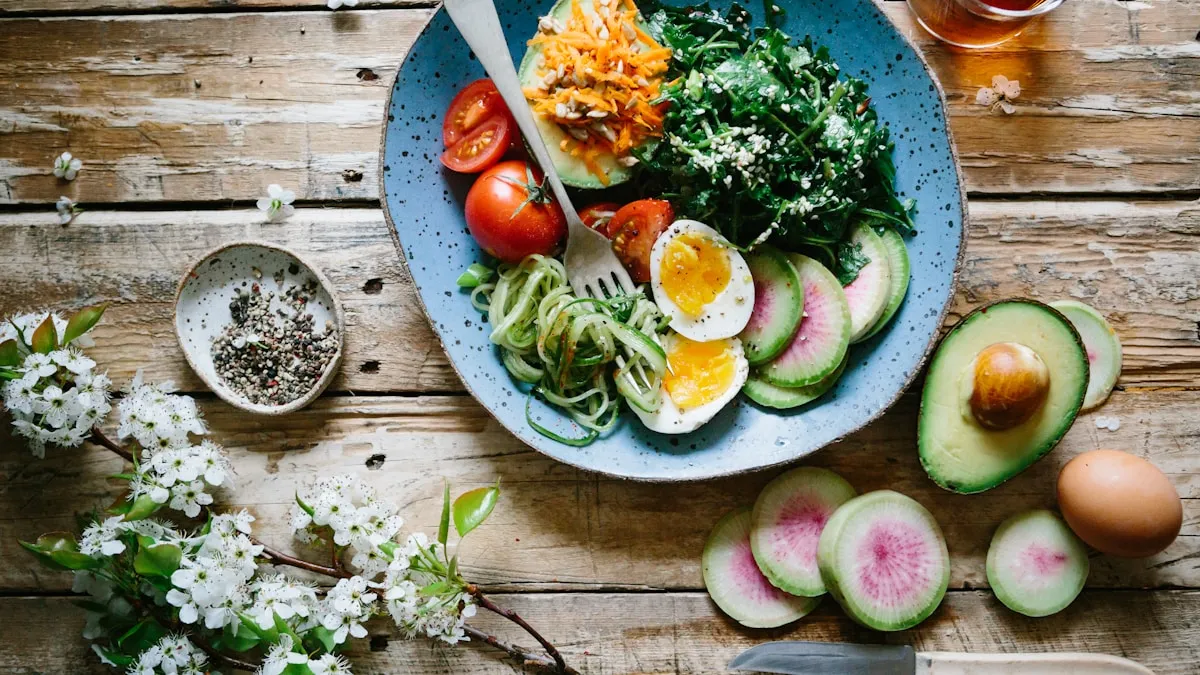 Healthy meal preparation with colorful whole foods for perimenopause nutrition