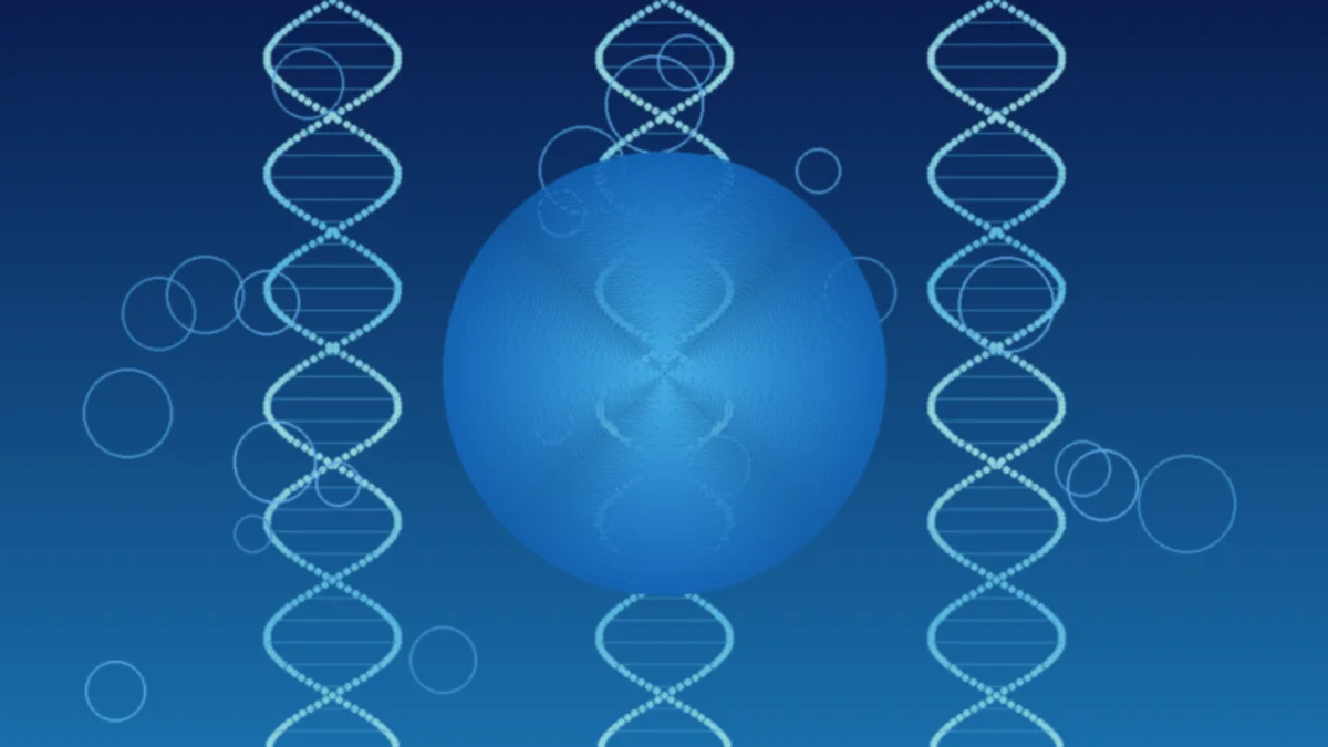 Sermorelin therapy concept showing DNA helix and growth hormone molecular pathways
