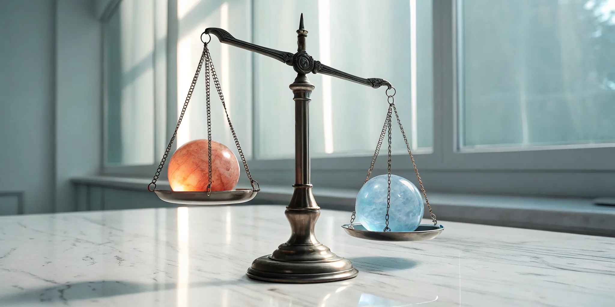 A brass scale balancing estrogen vs testosterone, represented by blue and orange spheres.