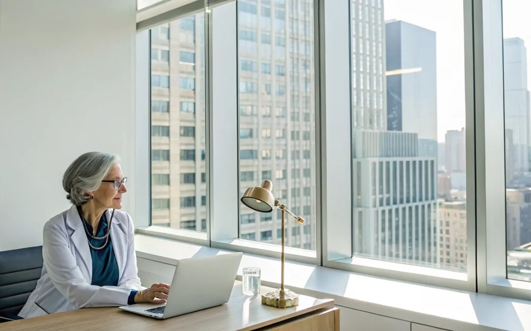 Woman over 50 researching testosterone therapy options on her laptop.